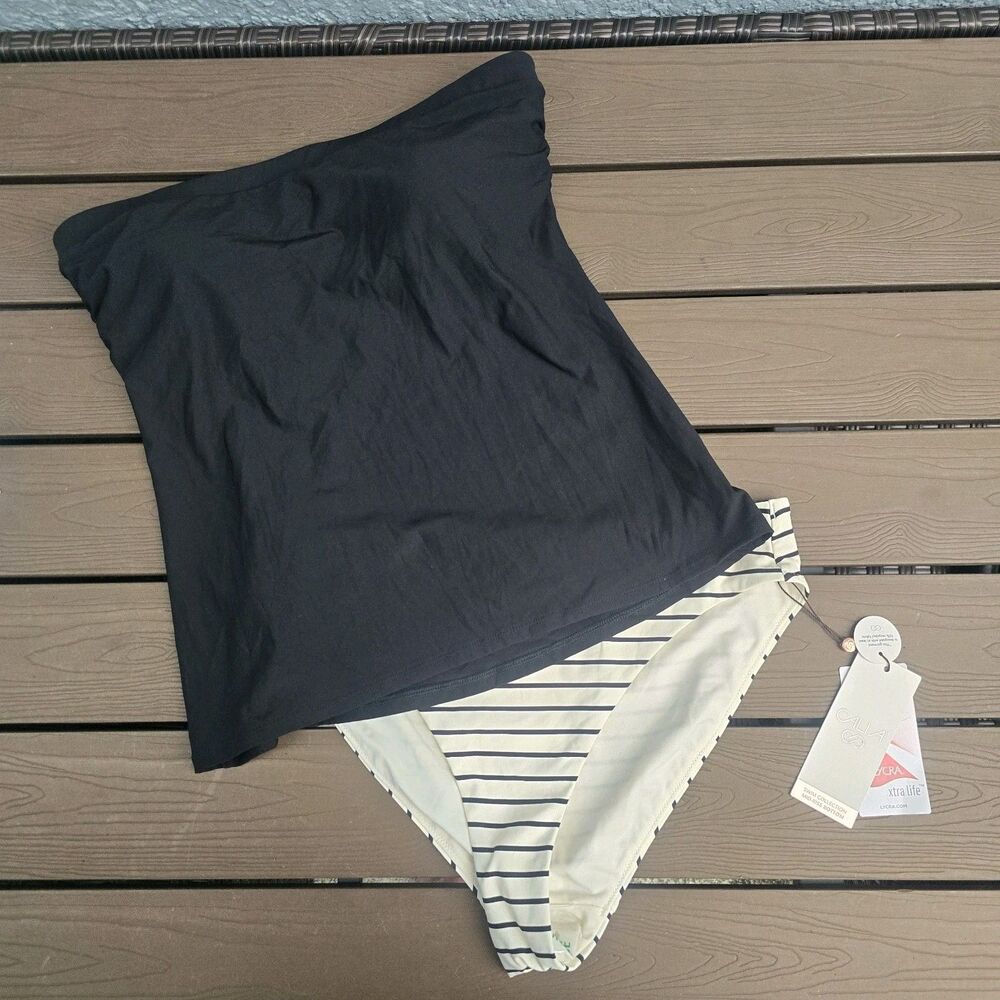 CALIA Women's Strapless Tankini & Striped High Leg Cheeky Bikini Sz M New No Tag